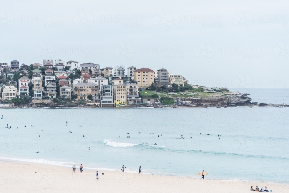 View of Bondi beach and colourful apartments on the coastal edge - Australian Stock Image