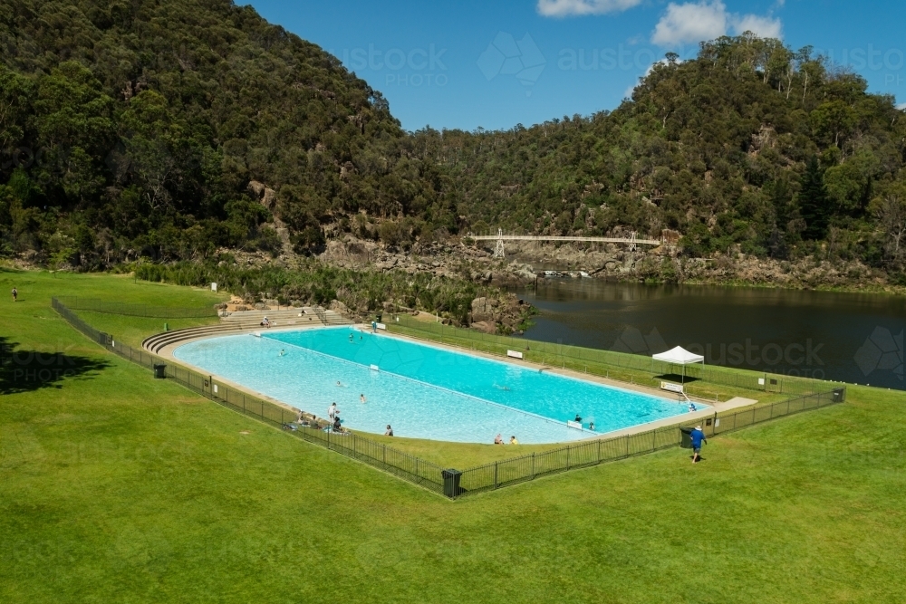 view of Cataract Gorge swimming pool from the chairlift - Australian Stock Image