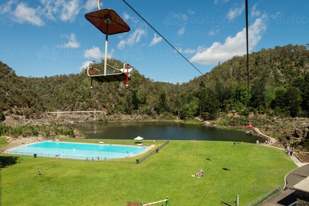 view of Cataract Gorge swimming pool from the chairlift - Australian Stock Image