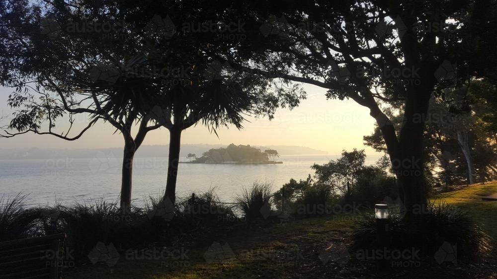 View of Clark island and Sydney harbour from McKell Point, Darling Point, Sydney - Australian Stock Image