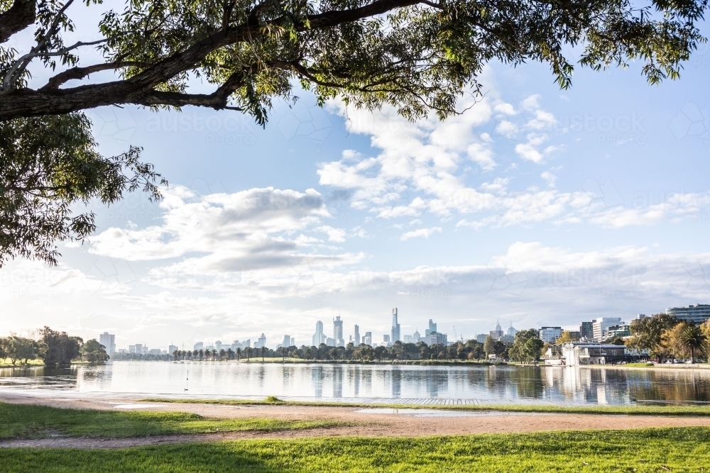 View of Melbourne from Albert Park Lake - Australian Stock Image