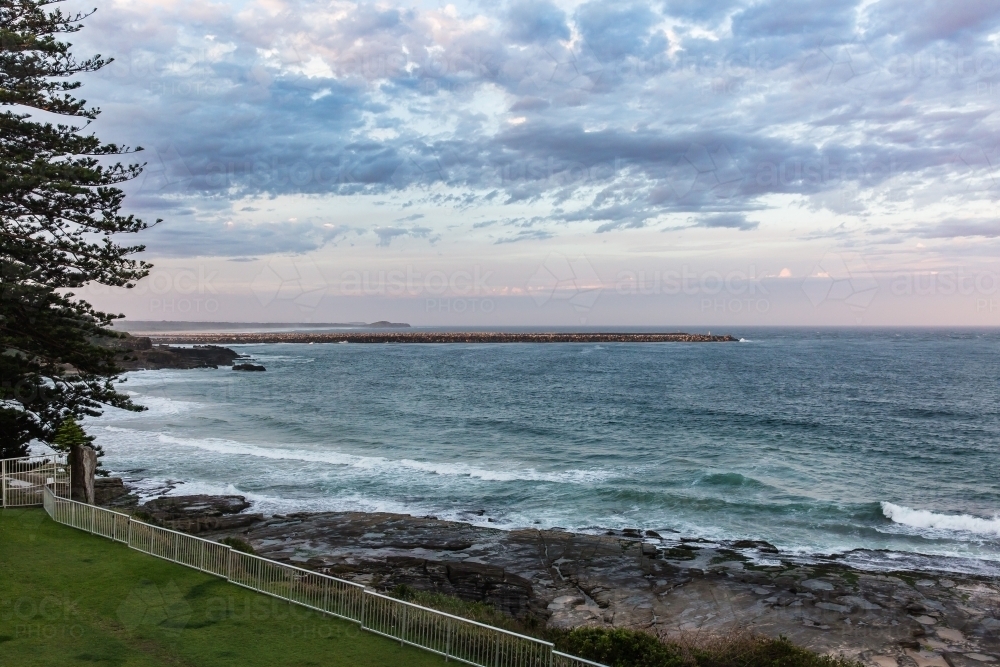 View of ocean beach with rocks and tree and cloudy sky - Australian Stock Image