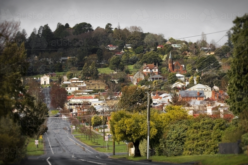 View of quiet country town from side of road - Australian Stock Image