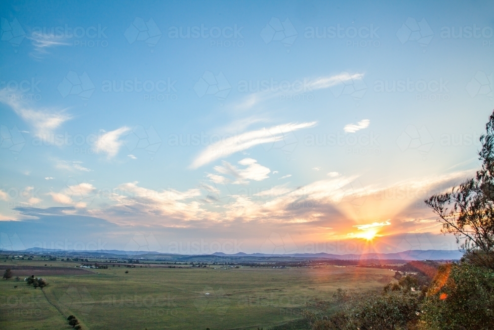 view of rural farms and paddocks of Long Point at sunset - Australian Stock Image