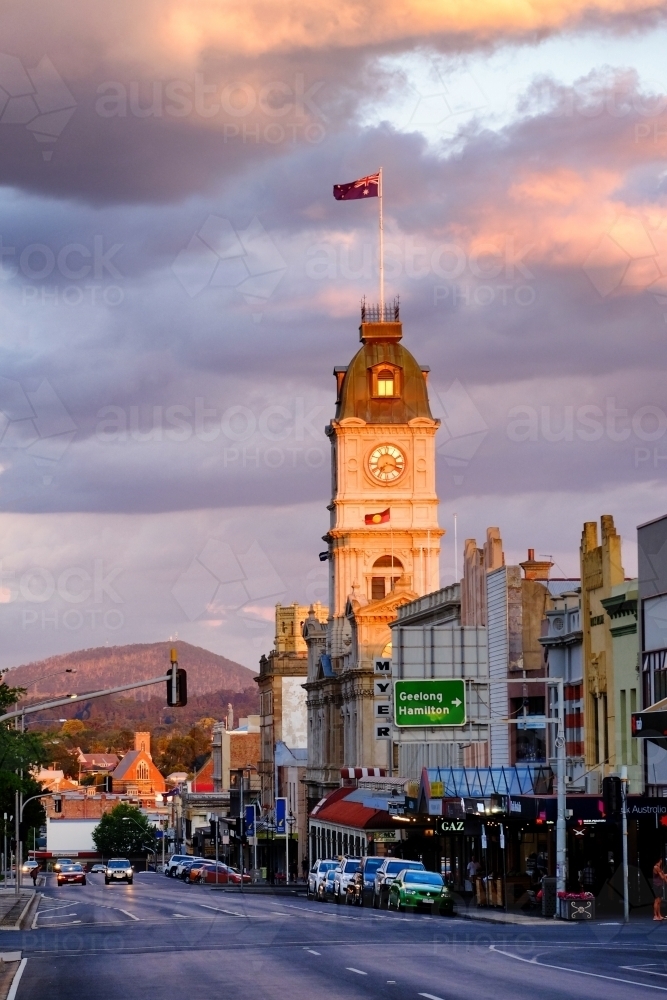 View of Sturt Street, Ballarat with Ballarat Town Hall clock tower - Australian Stock Image