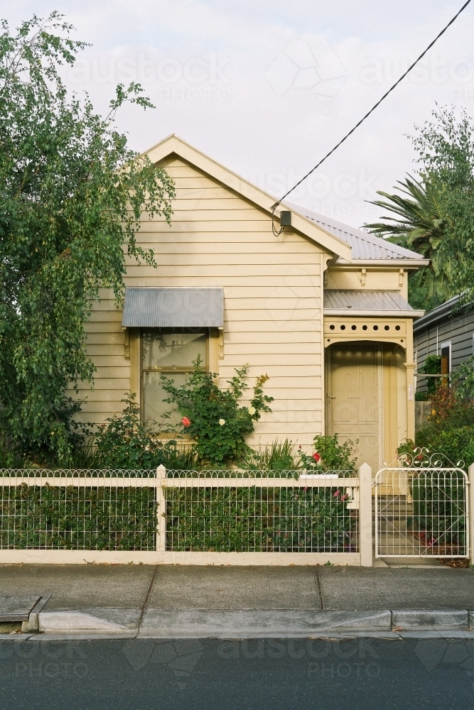 View of surburban house front gate with tree in front garden - Australian Stock Image
