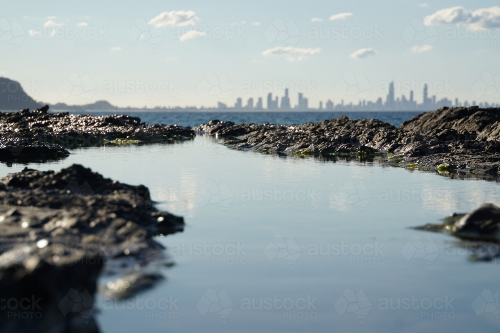 View of Surfers Paradise from rock pools - Australian Stock Image