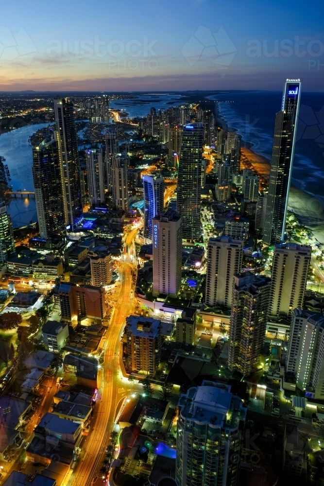 View of Surfers Paradise lit up at night - Australian Stock Image
