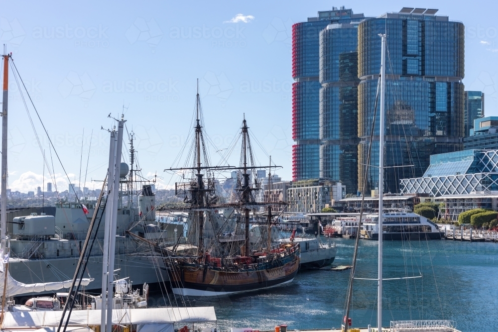 View of the Barangaroo development from Pyrmont Bridge looking over the Maritime Museum - Australian Stock Image