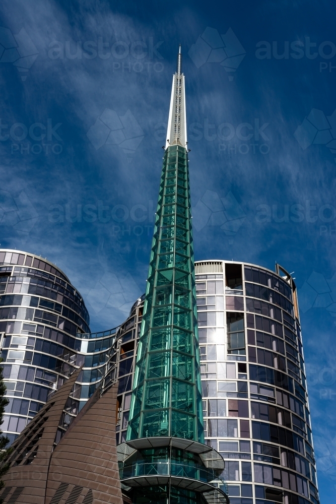 View of the Perth Bell Tower and high rise buildings with dark blue sky - Australian Stock Image