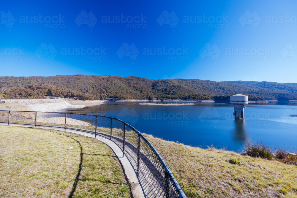 View of the Thomson Dam on a cool winter's day near Walhalla in Victoria, Australia - Australian Stock Image