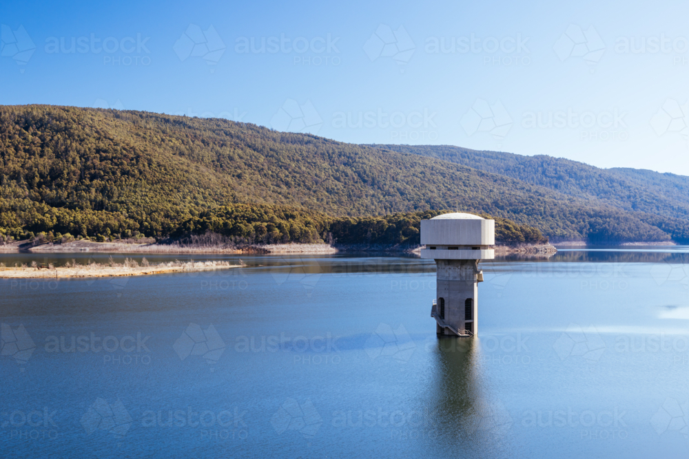 View of the Thomson Dam on a cool winter's day near Walhalla in Victoria, Australia - Australian Stock Image