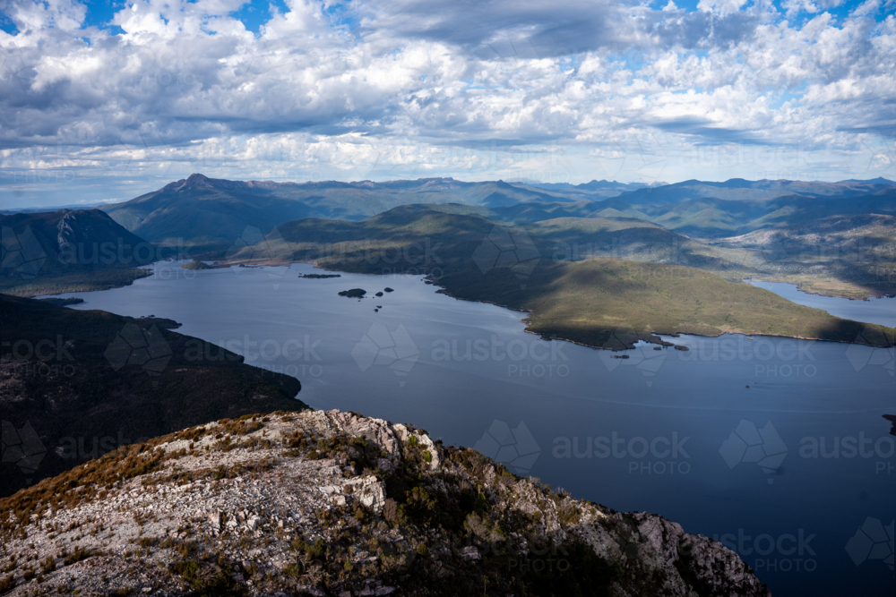 View on lake Burbury from a Tasmanian mountain - Australian Stock Image