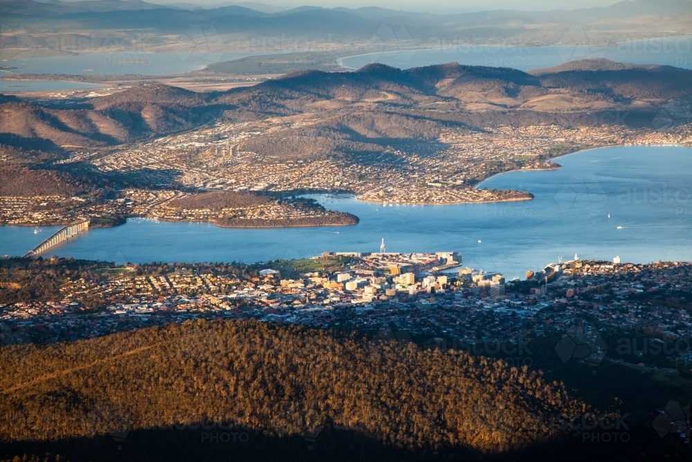 View over Hobart late in the day over Hobart city and harbour. - Australian Stock Image