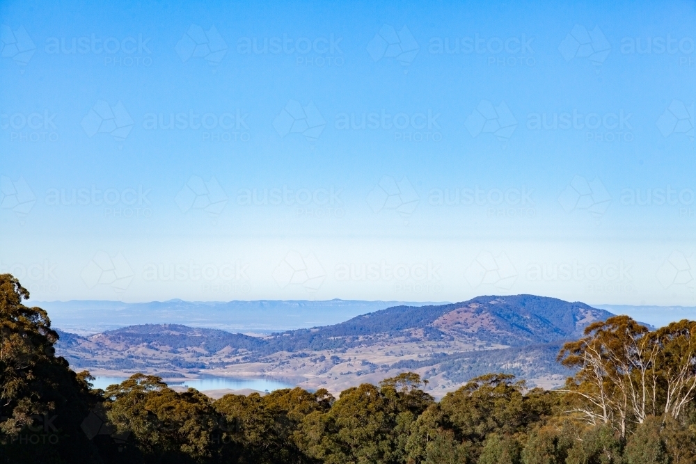 View over treetops towards Lake St Clair and hills in Hunter Valley - Australian Stock Image