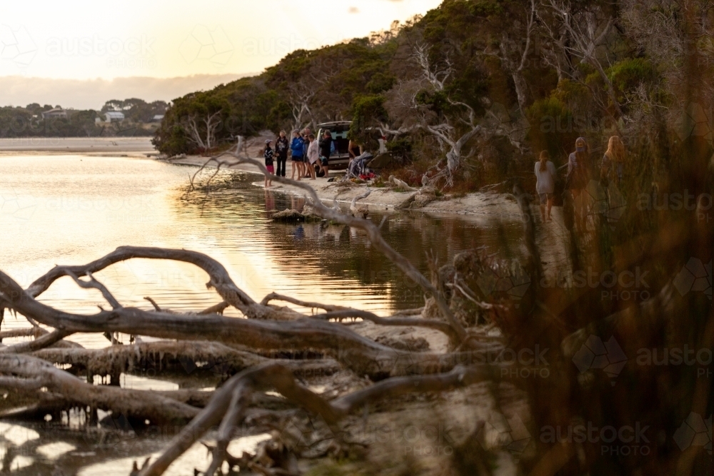 View through trees to people on the shore - Australian Stock Image