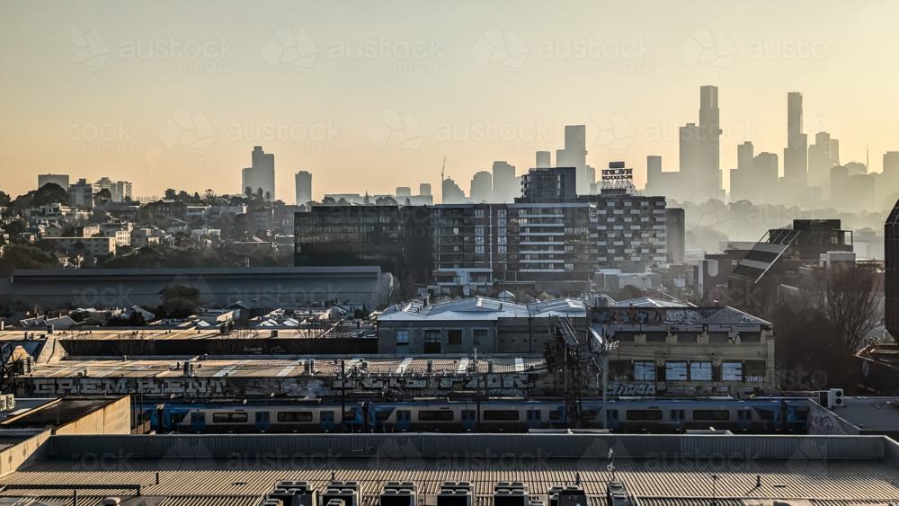 View towards Melbourne skyline from a high rise building - Australian Stock Image