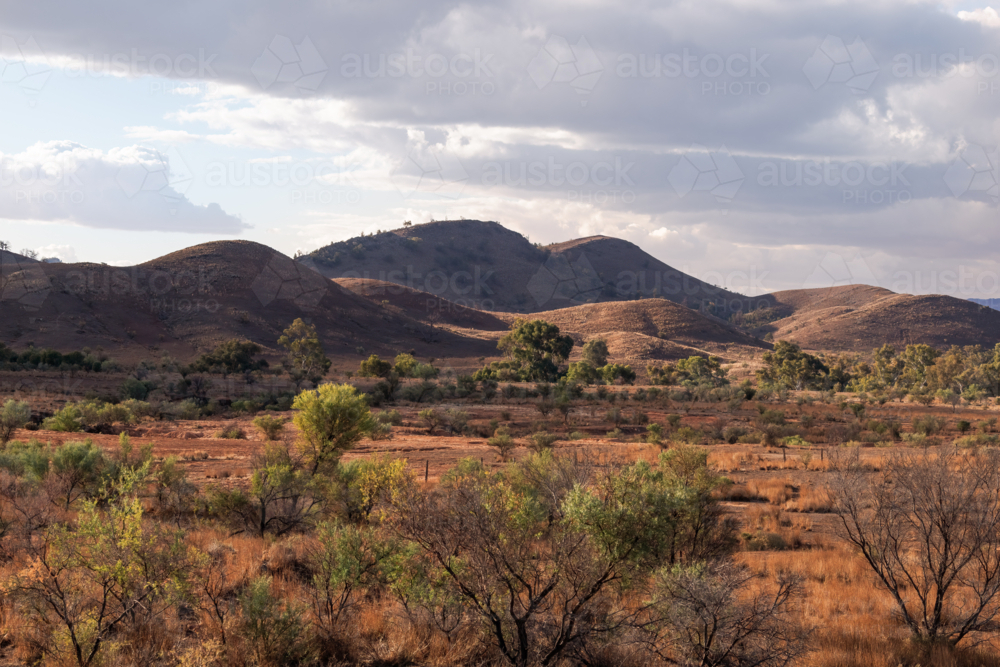 View towards mountain range in Flinders Ranges, South Australia - Australian Stock Image