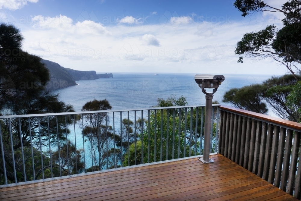 Image of Viewing platform with railing over Tasman Peninsula coastline ...