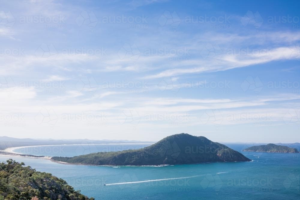 Views over islands and beaches around Port Stephens on the NSW Mid North Coast - Australian Stock Image