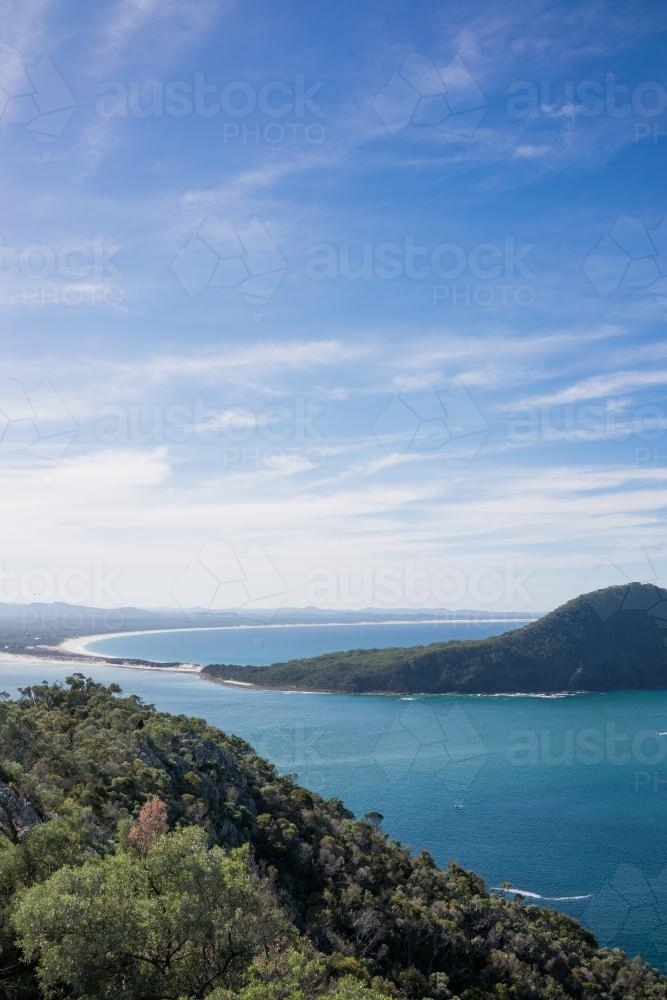Views over islands and beaches around Port Stephens on the NSW Mid North Coast - Australian Stock Image