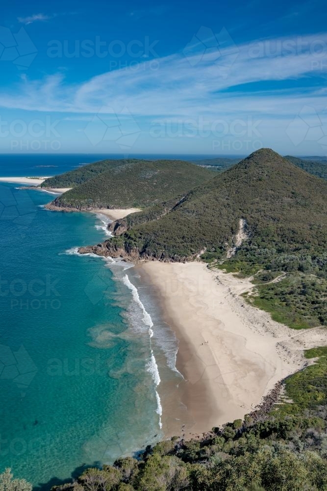 Views over islands and beaches around Port Stephens on the NSW Mid North Coast - Australian Stock Image