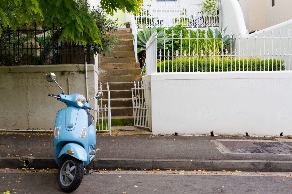 vintage blue scooter parked in darlinghurst - Australian Stock Image