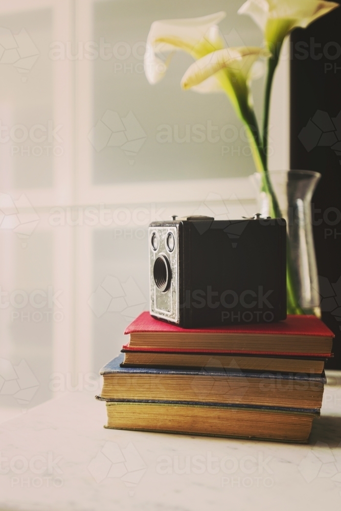 vintage camera on a pile of old books on a hall table - Australian Stock Image