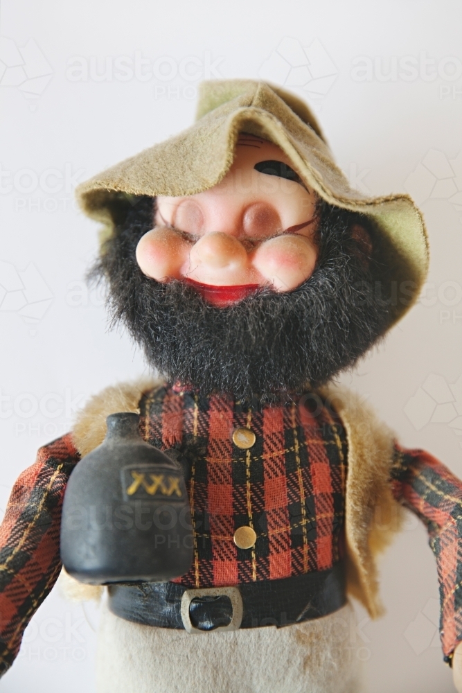 Vintage old swagman toy doll with beard - Australian Stock Image