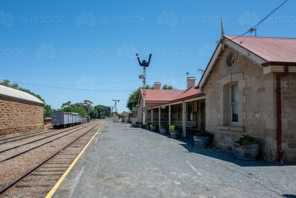 Vintage railway station with multiple railway tracks in Strathalbyn. - Australian Stock Image