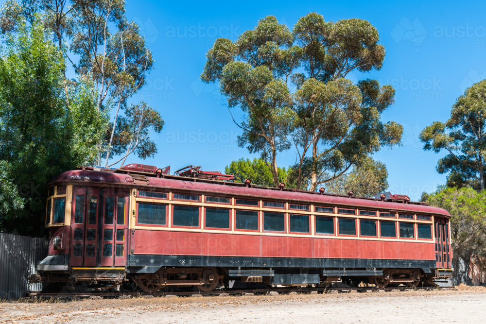 Vintage red rattler tram on display in Tailem Bend, South Australia - Australian Stock Image