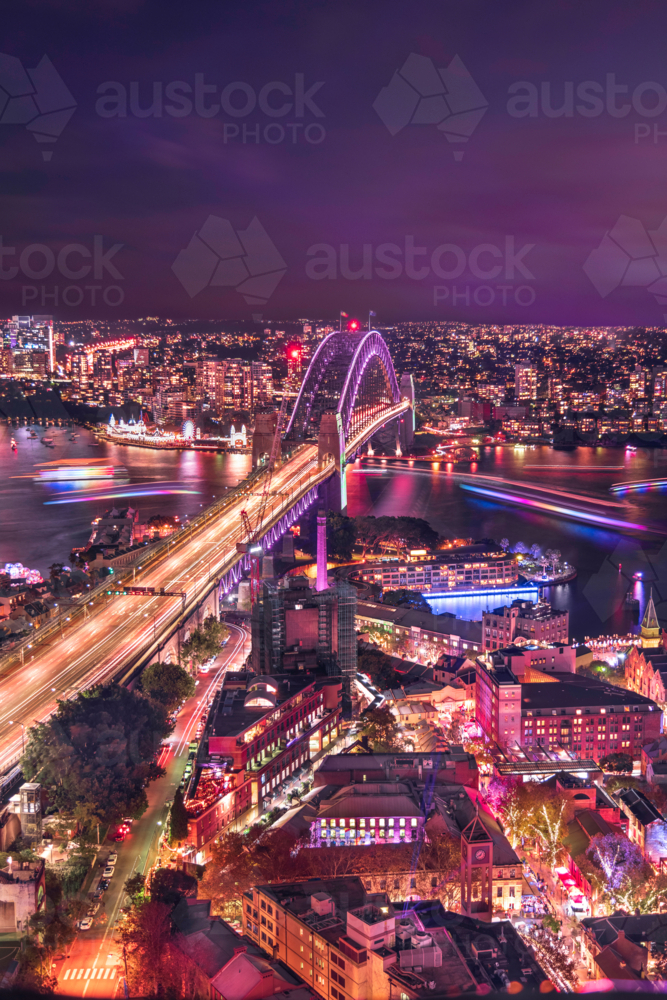 Vivid night scene over harbour bridge - Australian Stock Image