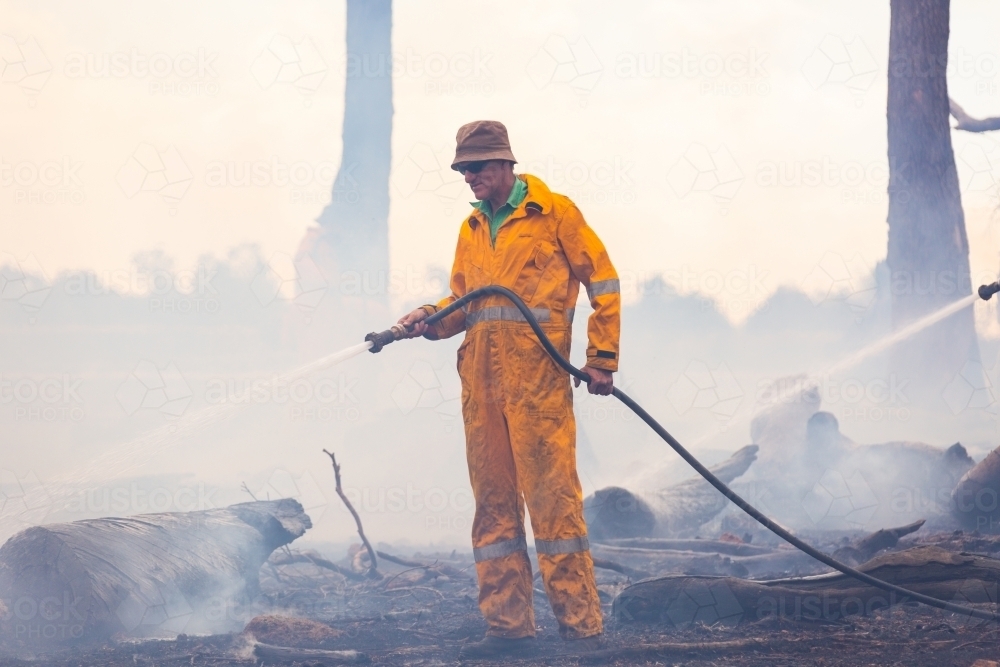 volunteer firefighter hosing down burnt logs after a fire in smoke - Australian Stock Image