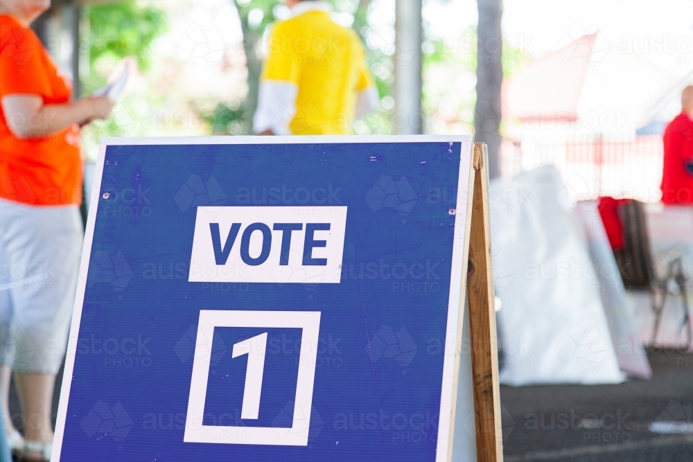 Vote one sign at polling place in NSW Australia - Australian Stock Image