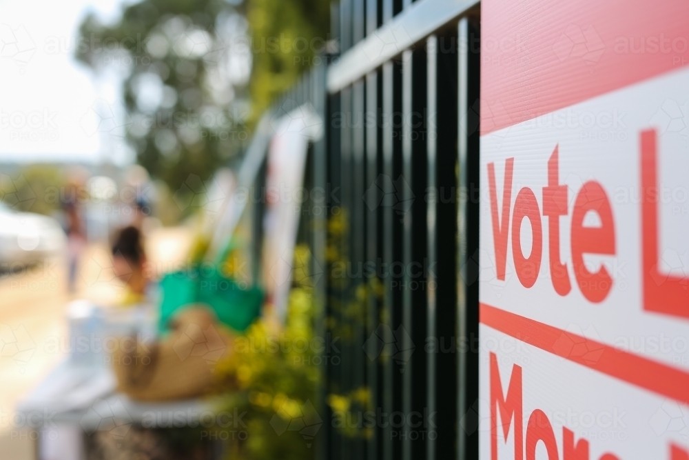 Vote sign outside a polling booth at an election - Australian Stock Image