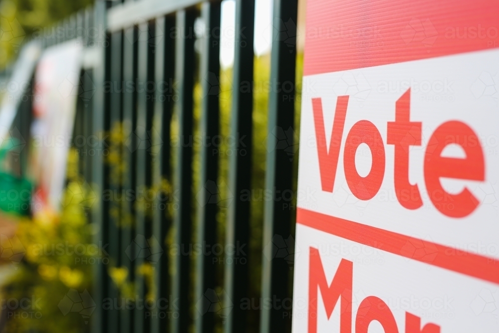 Vote sign outside a polling booth at an election - Australian Stock Image
