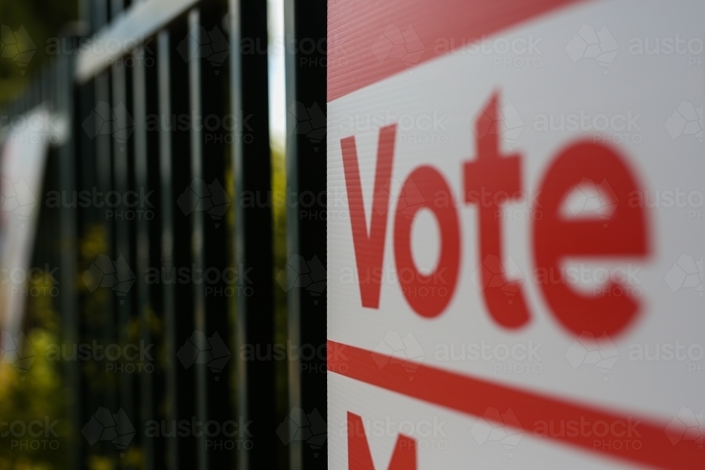 Vote sign outside a polling booth at an election - Australian Stock Image