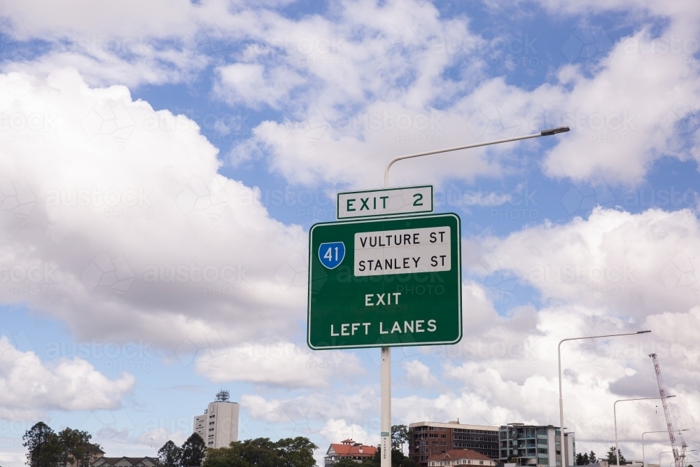 vulture street and stanley street exit sign on a sunny day - Australian Stock Image