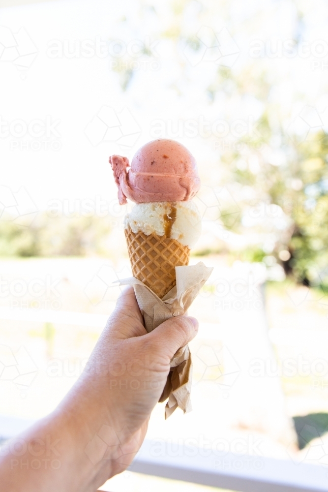 waffle ice cream cone with plum and caramel ice cream - Australian Stock Image
