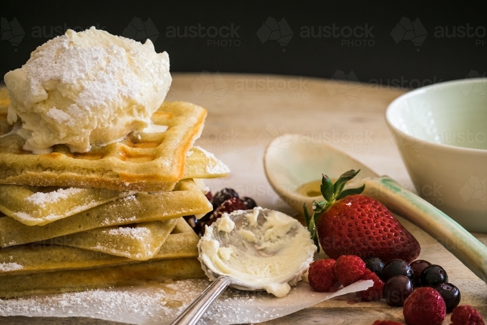 Image of Waffles and ice cream with fresh berries - Austockphoto