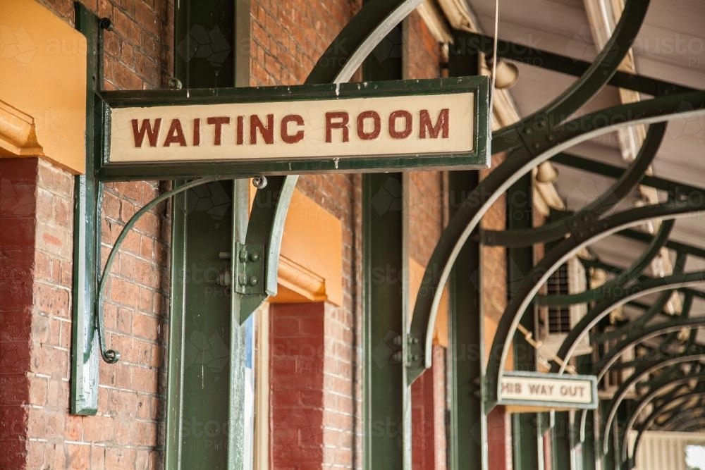 Waiting Room sign at Singleton train station - Australian Stock Image
