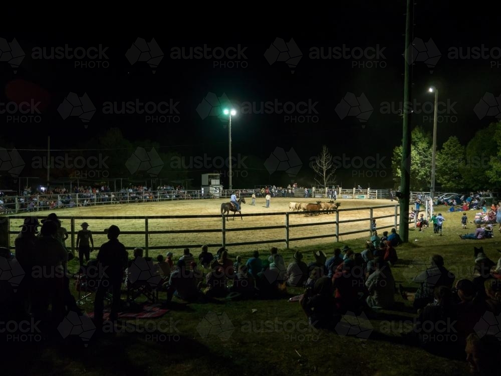 Walcha Show rodeo ring at night with spectators - Australian Stock Image