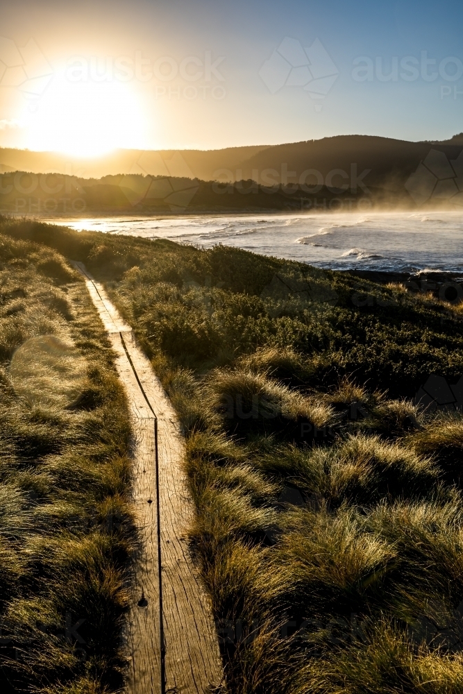 walking path beside the beach at sunrise - Australian Stock Image