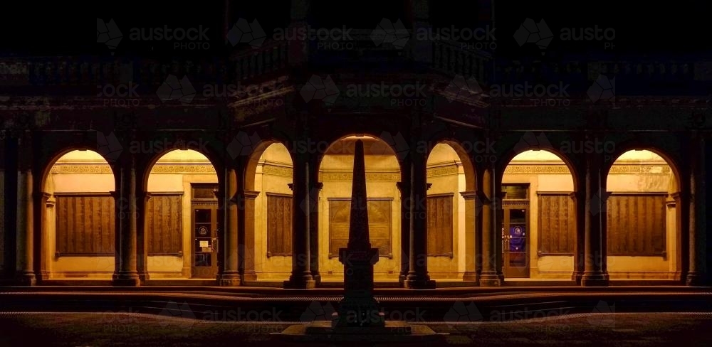 War memorial Cenotaph lit up at night - Australian Stock Image
