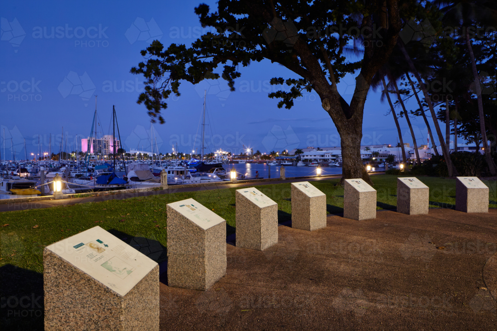 War memorial  with marina behind at night - Australian Stock Image