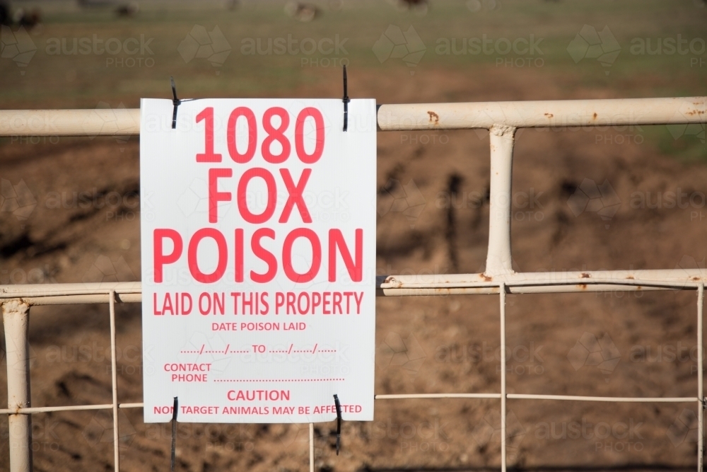 Warning sign for 1080 fox poison (bait) - Australian Stock Image