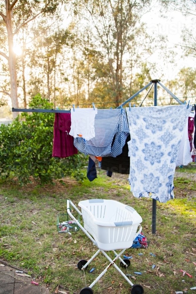 Washing line and basket in a Aussie backyard - Australian Stock Image