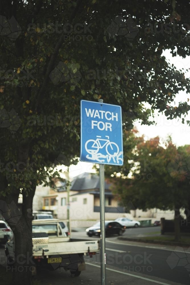 Watching for Bicycles Street Sign - Australian Stock Image