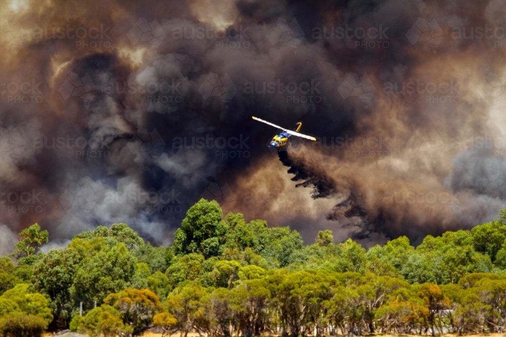 Water-bombing helicopter fighting a bushfire among thick smoke. - Australian Stock Image