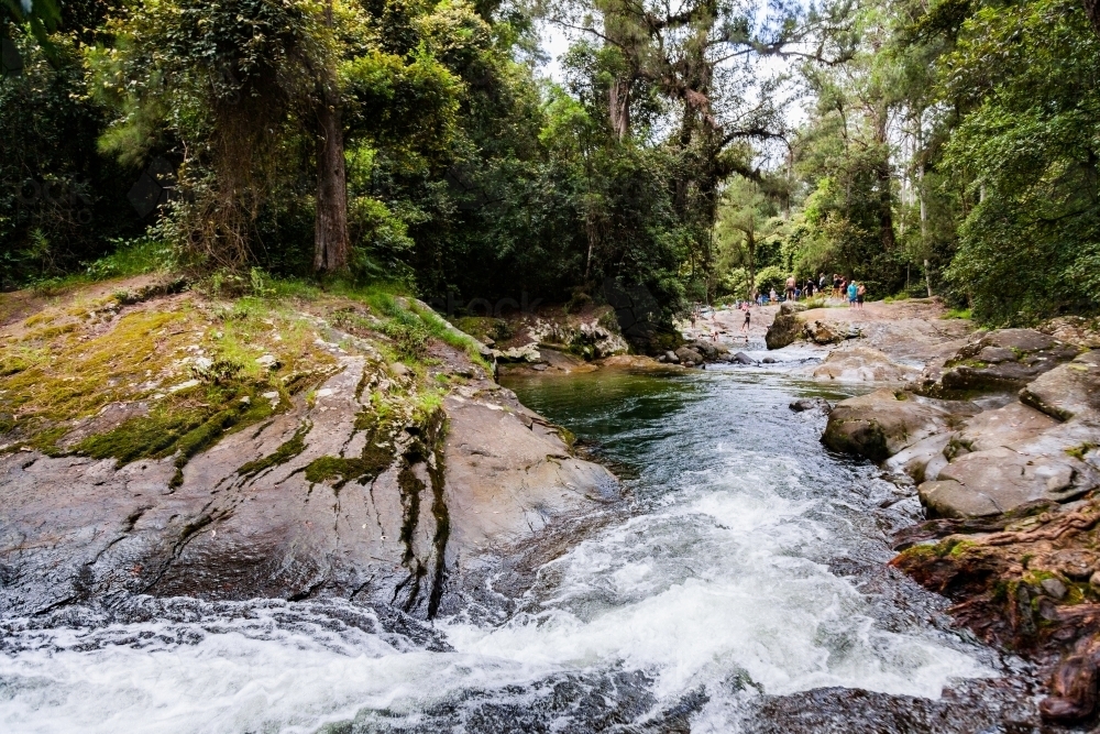 Water rushing over rapids in river in forest - Australian Stock Image
